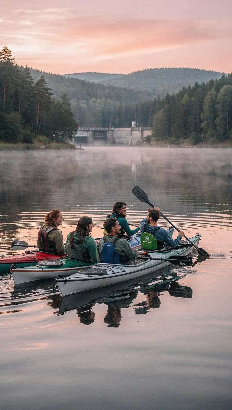 Město s budovami pokrytými zelenými střechami a solárními panely.
