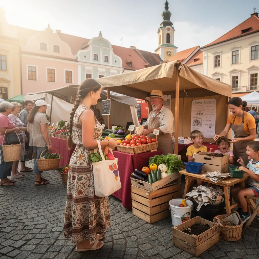 Pohled na farmu s ekologickým zemědělstvím a šťavnatými plodinami.